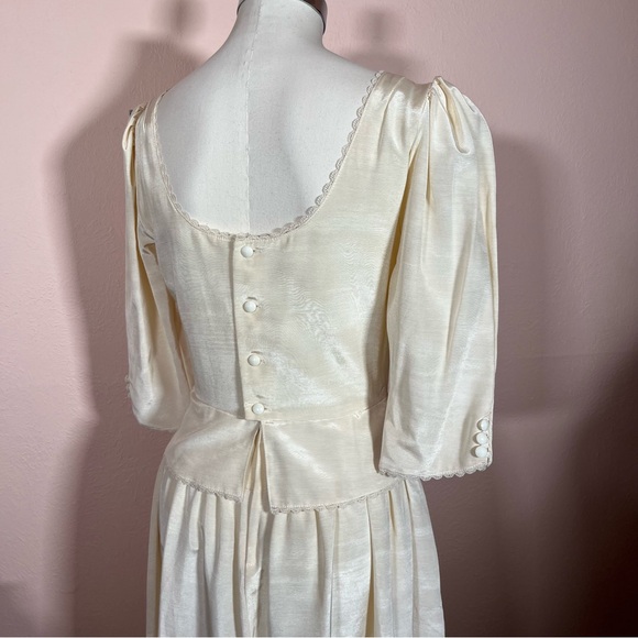Vintage 80 90 Lanz Cream White Satin Puff sleeve Peplum Victorian Dress wedding - Picture 1 of 17